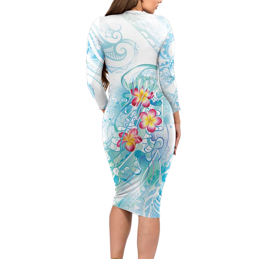 Sea Blue Polynesian Jellyfish Long Sleeve Bodycon Dress Watercolor Glows - Polynesian Pride