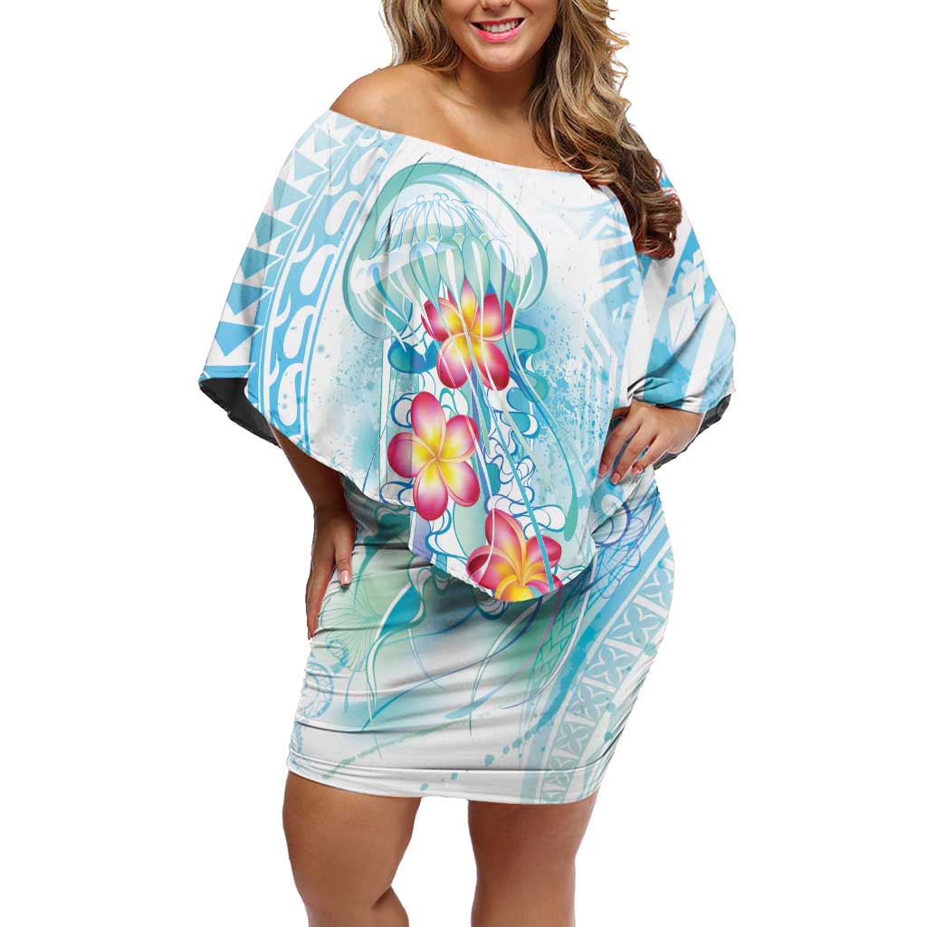 Sea Blue Polynesian Jellyfish Off Shoulder Short Dress Watercolor Glows - Polynesian Pride