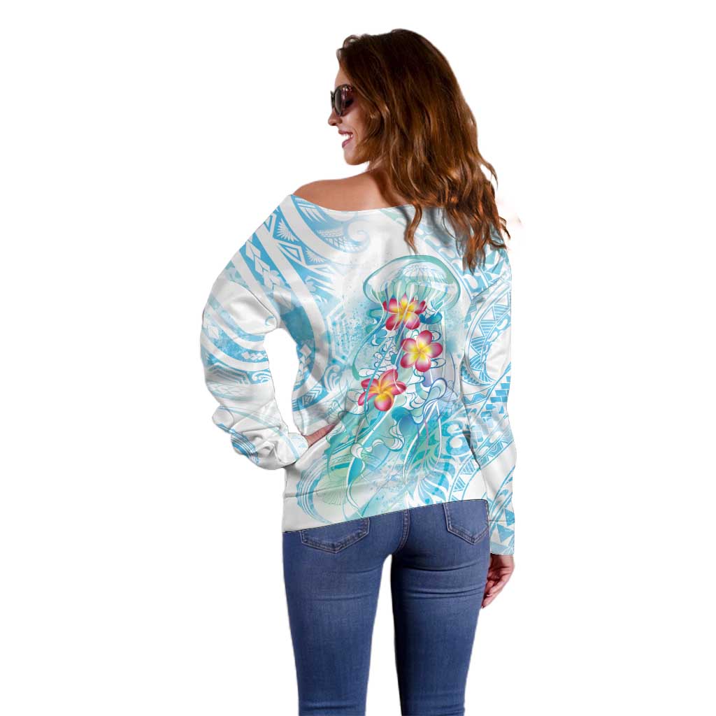 Sea Blue Polynesian Jellyfish Off Shoulder Sweater Watercolor Glows - Polynesian Pride