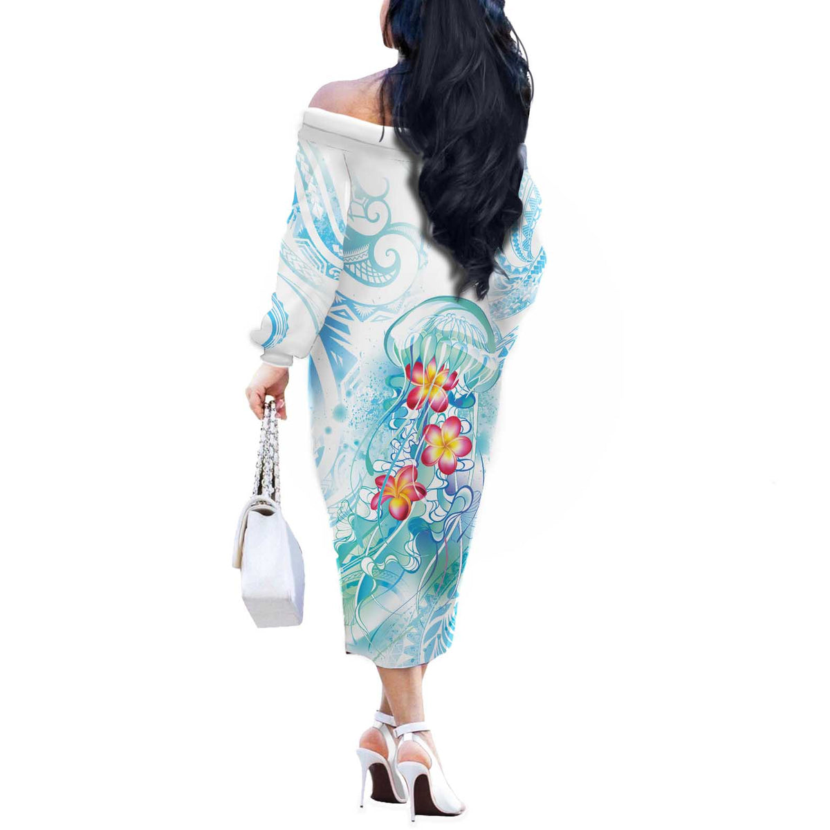 Sea Blue Polynesian Jellyfish Off The Shoulder Long Sleeve Dress Watercolor Glows - Polynesian Pride