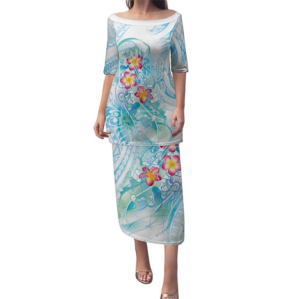 Sea Blue Polynesian Jellyfish Puletasi Watercolor Glows LT7 Long Dress Light Blue - Polynesian Pride