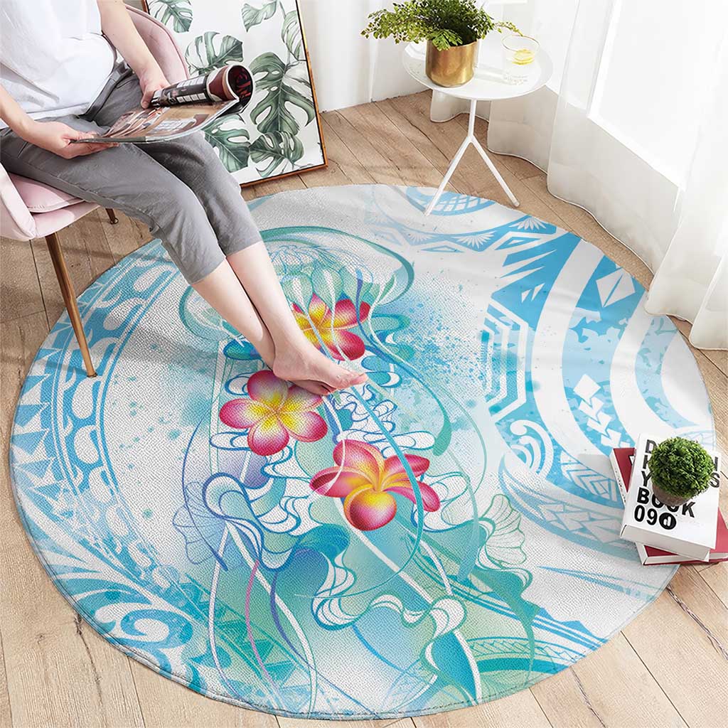 Sea Blue Polynesian Jellyfish Round Carpet Watercolor Glows - Polynesian Pride