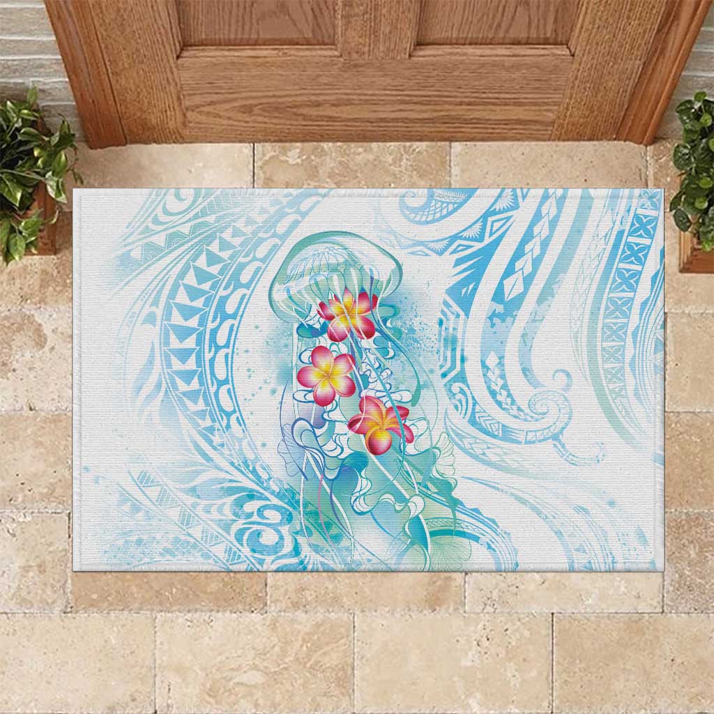 Sea Blue Polynesian Jellyfish Rubber Doormat Watercolor Glows LT7 Light Blue - Polynesian Pride