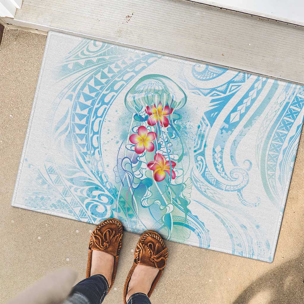 Sea Blue Polynesian Jellyfish Rubber Doormat Watercolor Glows LT7 - Polynesian Pride