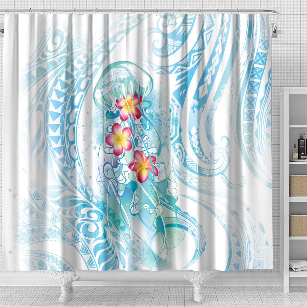Sea Blue Polynesian Jellyfish Shower Curtain Watercolor Glows - Polynesian Pride