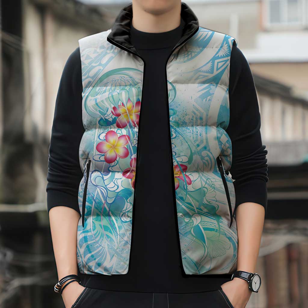 Sea Blue Polynesian Jellyfish Sleeveless Puffer Jacket Watercolor Glows - Polynesian Pride