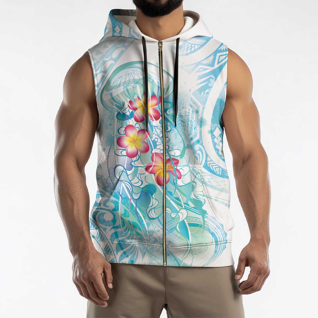 Sea Blue Polynesian Jellyfish Sleeveless Zip Hoodie Watercolor Glows - Polynesian Pride
