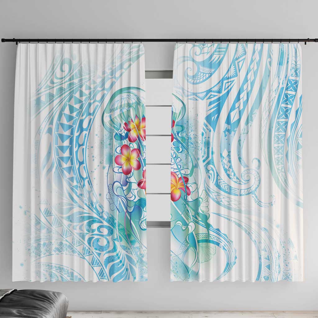 Sea Blue Polynesian Jellyfish Window Curtain Watercolor Glows LT7 With Hooks Light Blue - Polynesian Pride