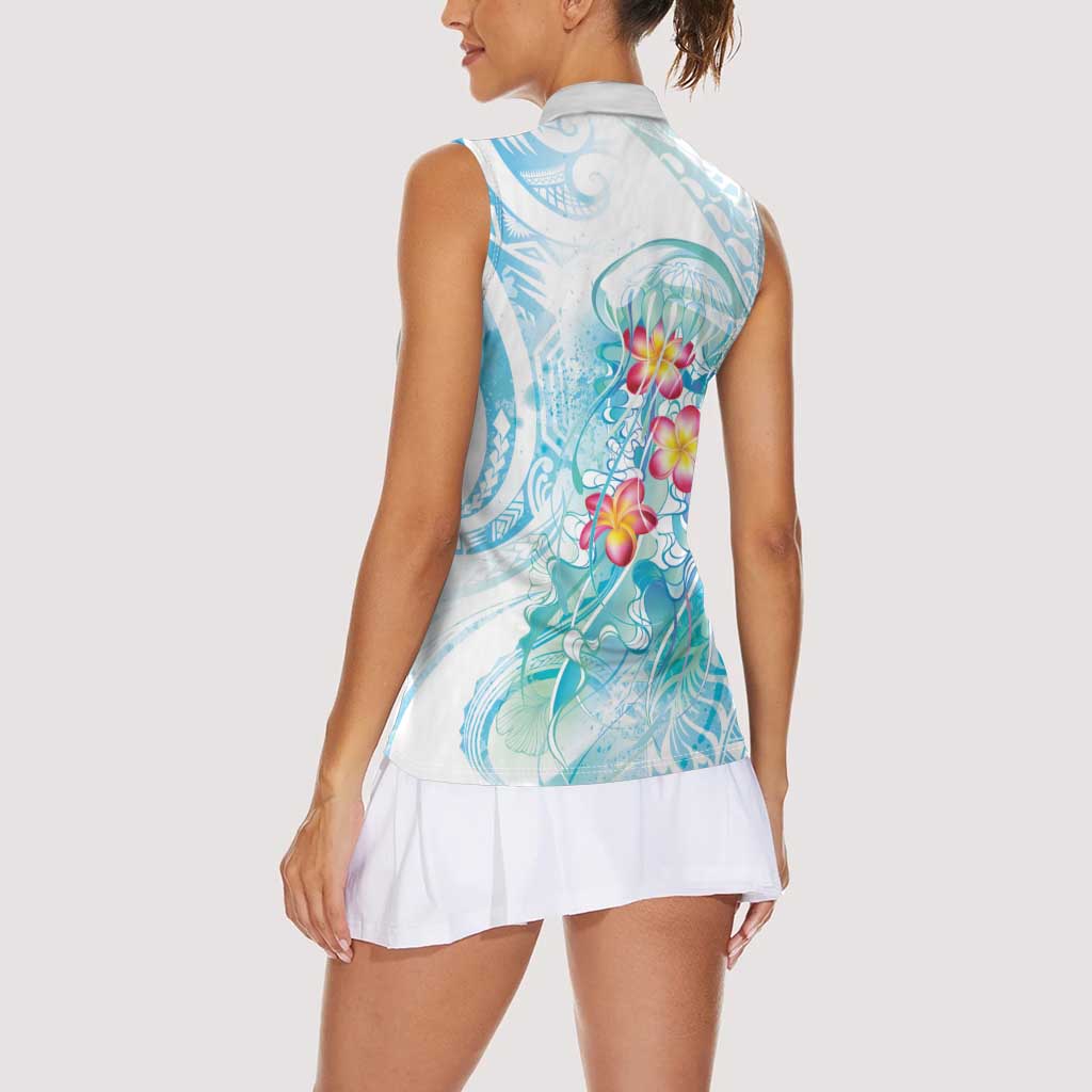 Sea Blue Polynesian Jellyfish Women Sleeveless Polo Shirt Watercolor Glows LT7 - Polynesian Pride