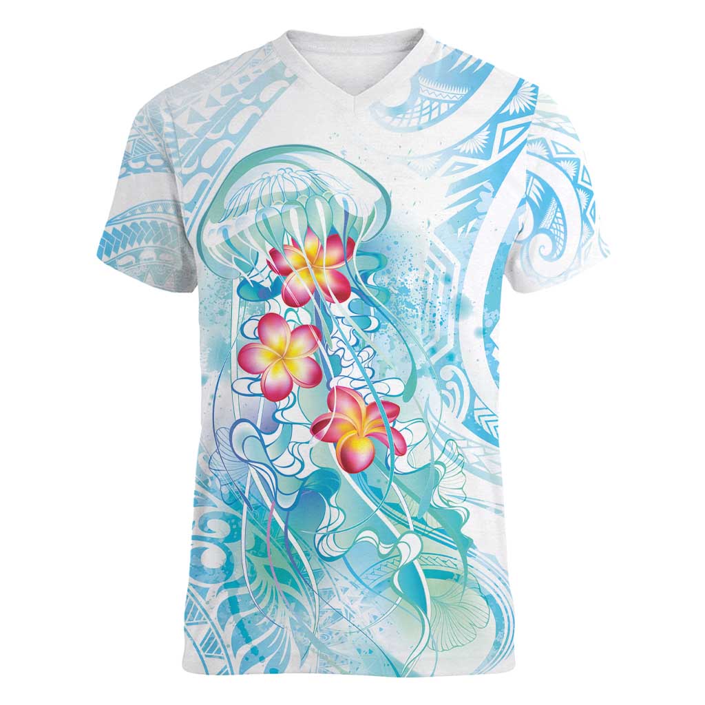 Sea Blue Polynesian Jellyfish Women V-Neck T-Shirt Watercolor Glows LT7 Female Light Blue - Polynesian Pride