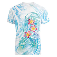 Sea Blue Polynesian Jellyfish Women V-Neck T-Shirt Watercolor Glows LT7 - Polynesian Pride
