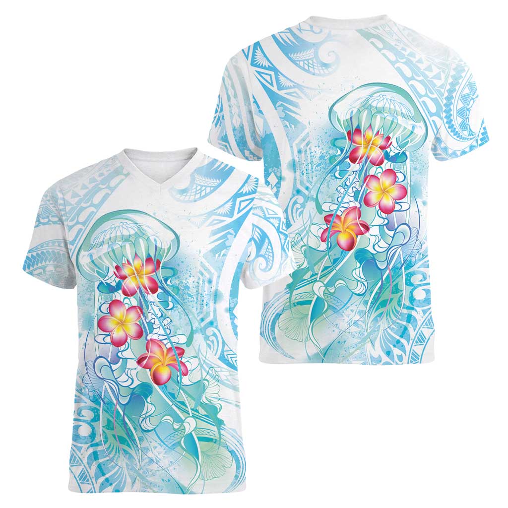 Sea Blue Polynesian Jellyfish Women V-Neck T-Shirt Watercolor Glows LT7 - Polynesian Pride