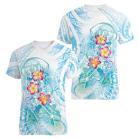 Sea Blue Polynesian Jellyfish Women V-Neck T-Shirt Watercolor Glows LT7 - Polynesian Pride