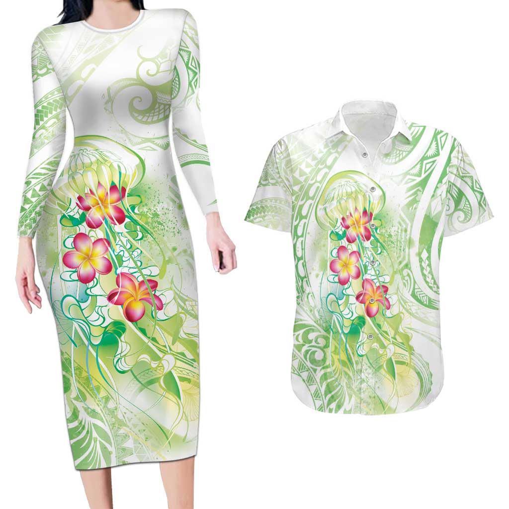 Summer Green Polynesian Jellyfish Couples Matching Long Sleeve Bodycon Dress and Hawaiian Shirt Watercolor Glows - Polynesian Pride