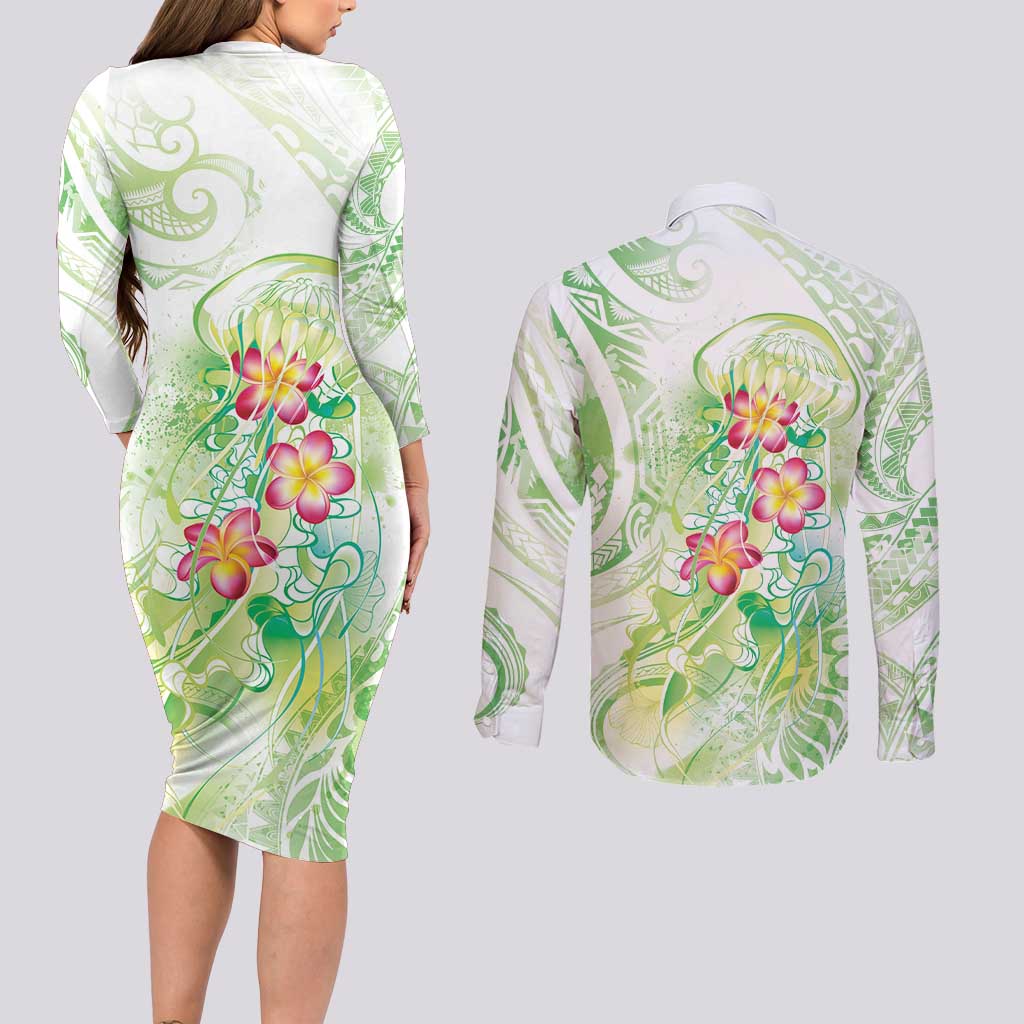 Summer Green Polynesian Jellyfish Couples Matching Long Sleeve Bodycon Dress and Long Sleeve Button Shirt Watercolor Glows LT7 - Polynesian Pride