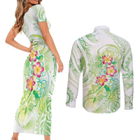 Summer Green Polynesian Jellyfish Couples Matching Short Sleeve Bodycon Dress and Long Sleeve Button Shirt Watercolor Glows LT7 - Polynesian Pride