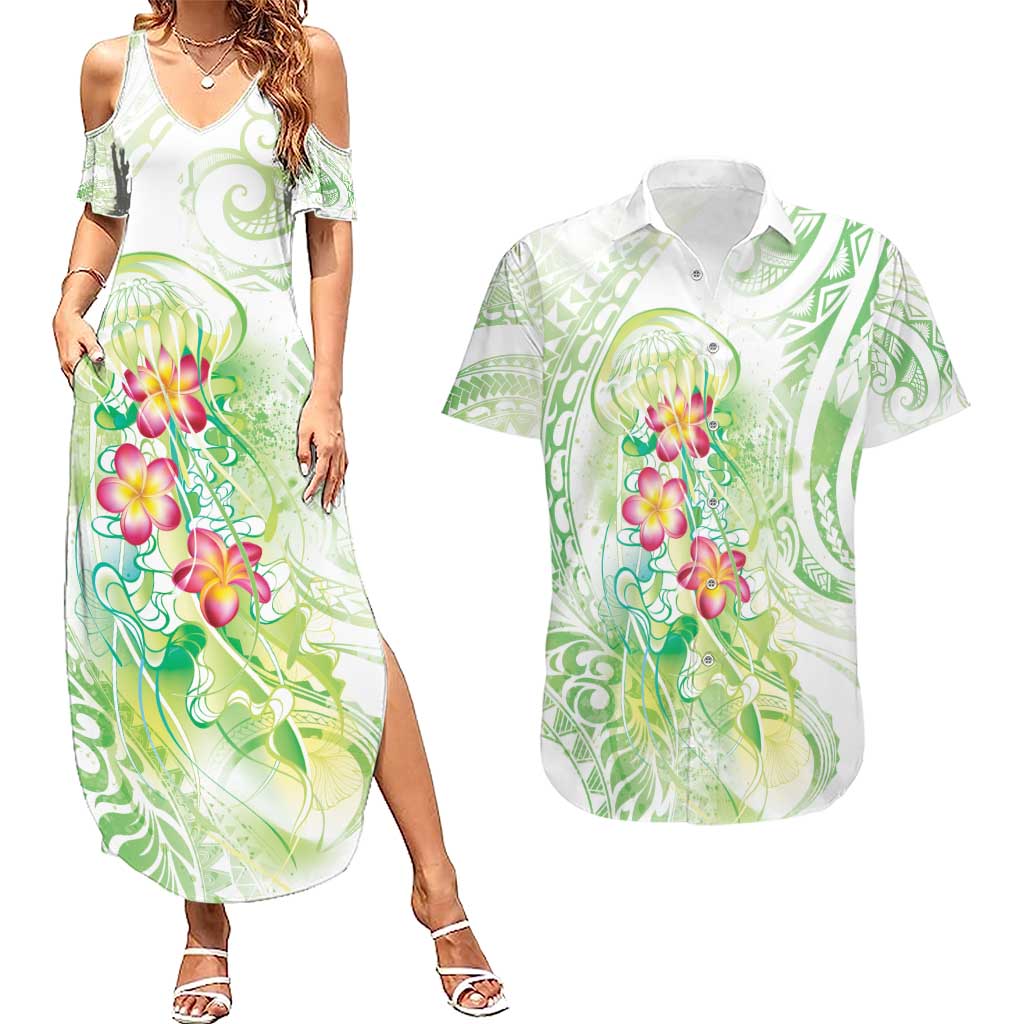 Summer Green Polynesian Jellyfish Couples Matching Summer Maxi Dress and Hawaiian Shirt Watercolor Glows - Polynesian Pride