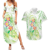 Summer Green Polynesian Jellyfish Couples Matching Summer Maxi Dress and Hawaiian Shirt Watercolor Glows - Polynesian Pride