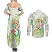 Summer Green Polynesian Jellyfish Couples Matching Summer Maxi Dress and Long Sleeve Button Shirt Watercolor Glows LT7 - Polynesian Pride