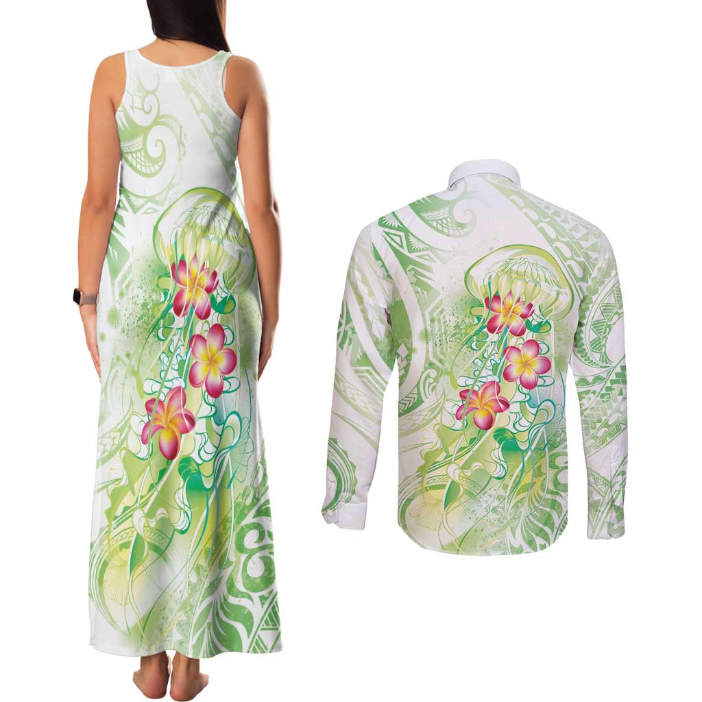 Summer Green Polynesian Jellyfish Couples Matching Tank Maxi Dress and Long Sleeve Button Shirt Watercolor Glows LT7 - Polynesian Pride
