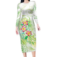 Summer Green Polynesian Jellyfish Family Matching Long Sleeve Bodycon Dress and Hawaiian Shirt Watercolor Glows - Polynesian Pride