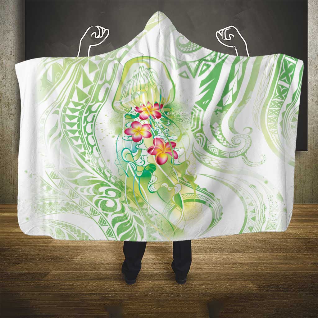 Summer Green Polynesian Jellyfish Hooded Blanket Watercolor Glows - Polynesian Pride