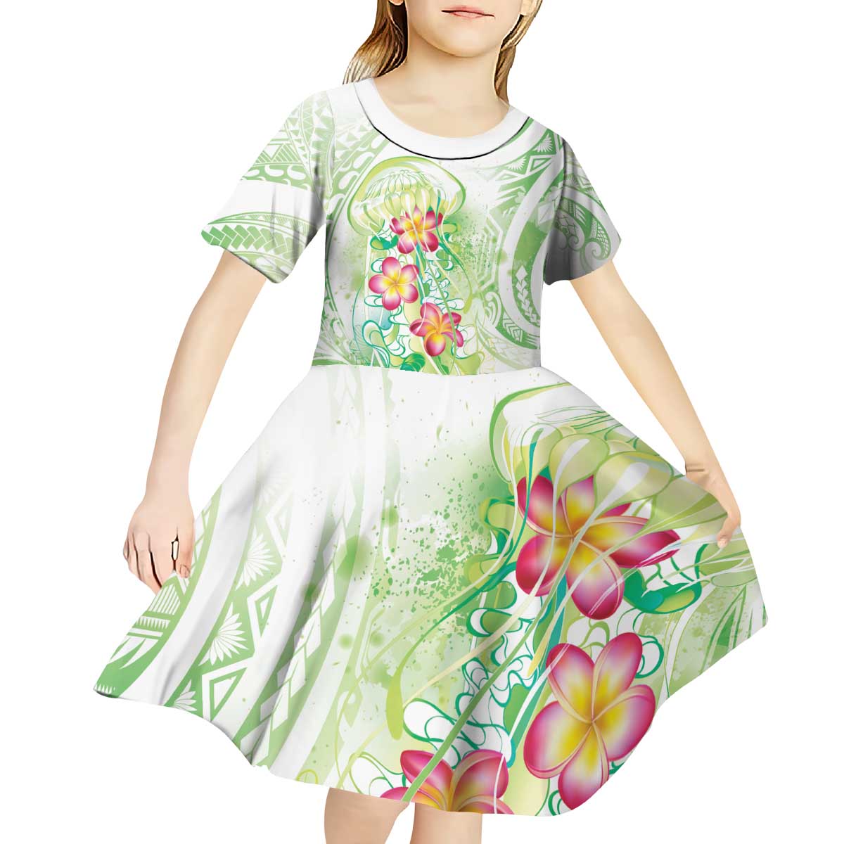 Summer Green Polynesian Jellyfish Kid Short Sleeve Dress Watercolor Glows - Polynesian Pride