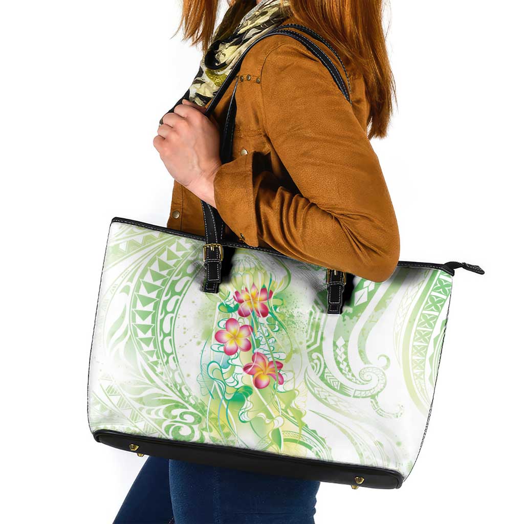 Summer Green Polynesian Jellyfish Leather Tote Bag Watercolor Glows LT7 Light Green - Polynesian Pride