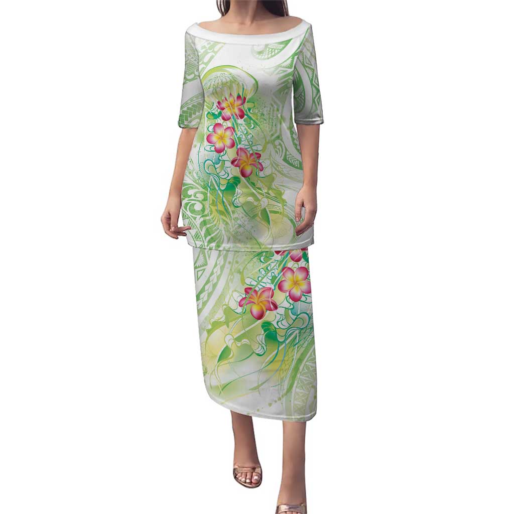 Summer Green Polynesian Jellyfish Puletasi Watercolor Glows LT7 Long Dress Light Green - Polynesian Pride