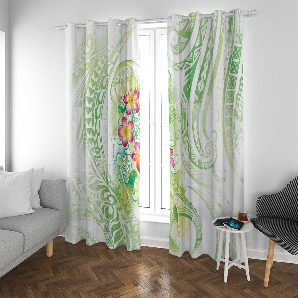 Summer Green Polynesian Jellyfish Window Curtain Watercolor Glows LT7 With Grommets Light Green - Polynesian Pride