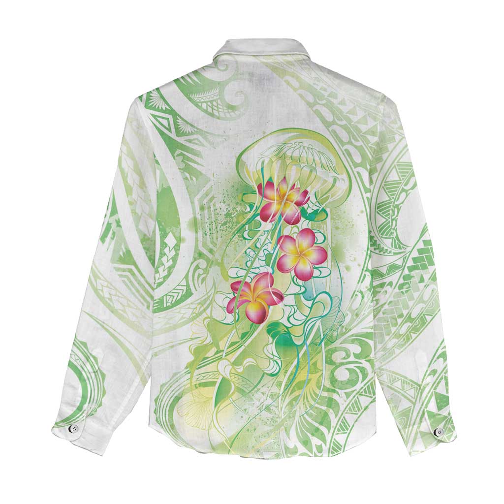 Summer Green Polynesian Jellyfish Women Casual Shirt Watercolor Glows - Polynesian Pride