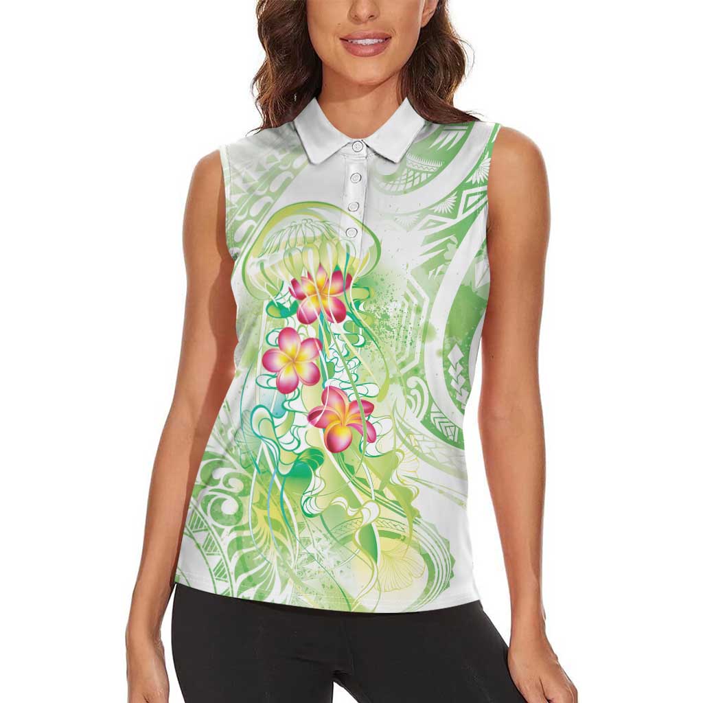 Summer Green Polynesian Jellyfish Women Sleeveless Polo Shirt Watercolor Glows LT7 - Polynesian Pride