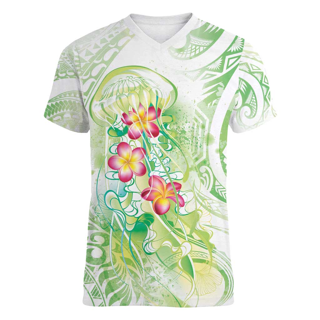Summer Green Polynesian Jellyfish Women V-Neck T-Shirt Watercolor Glows LT7 Female Light Green - Polynesian Pride
