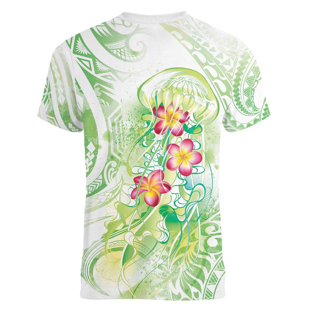 Summer Green Polynesian Jellyfish Women V-Neck T-Shirt Watercolor Glows LT7 - Polynesian Pride