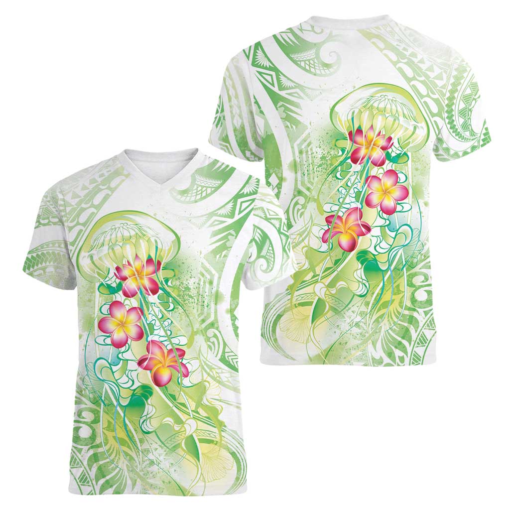 Summer Green Polynesian Jellyfish Women V-Neck T-Shirt Watercolor Glows LT7 - Polynesian Pride