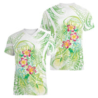 Summer Green Polynesian Jellyfish Women V-Neck T-Shirt Watercolor Glows LT7 - Polynesian Pride