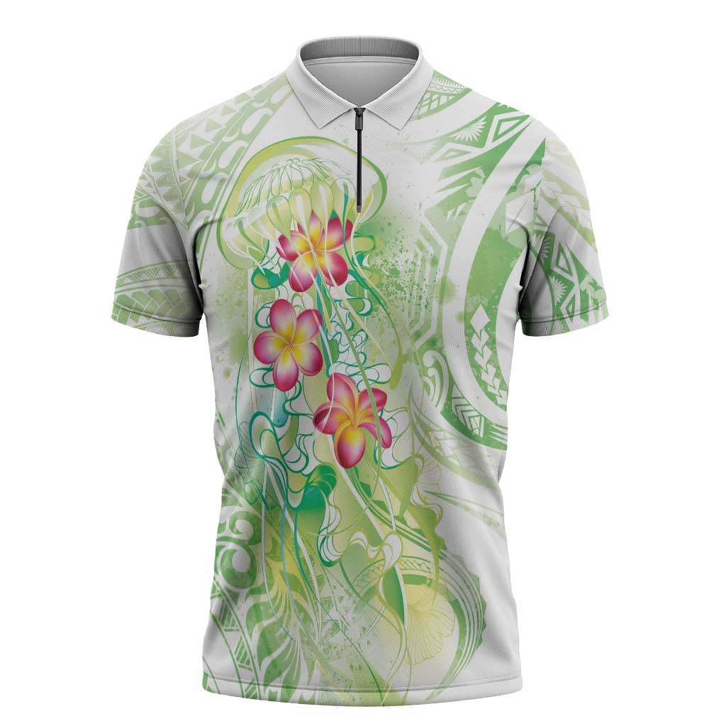 Summer Green Polynesian Jellyfish Zipper Polo Shirt Watercolor Glows LT7 Light Green - Polynesian Pride