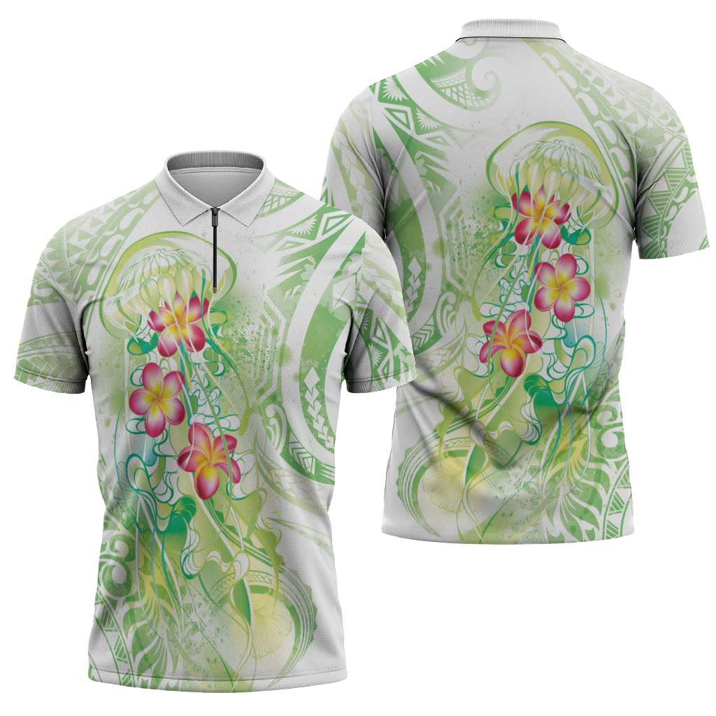 Summer Green Polynesian Jellyfish Zipper Polo Shirt Watercolor Glows LT7 - Polynesian Pride