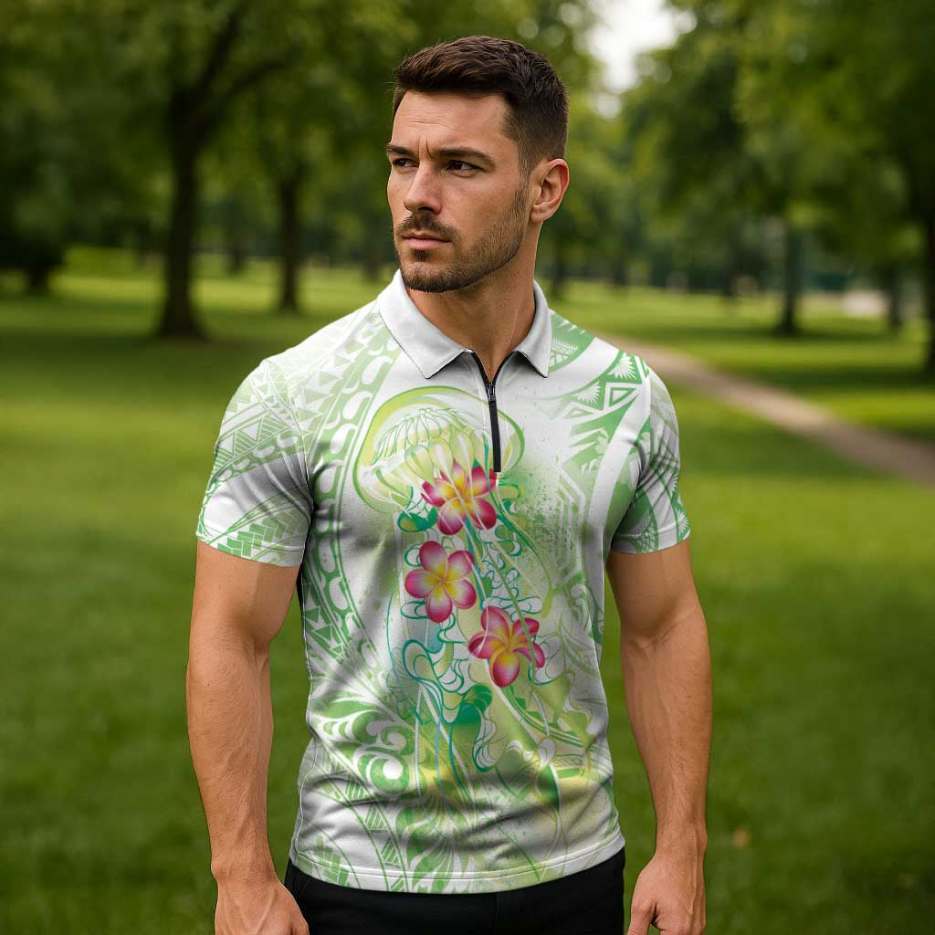 Summer Green Polynesian Jellyfish Zipper Polo Shirt Watercolor Glows LT7 - Polynesian Pride