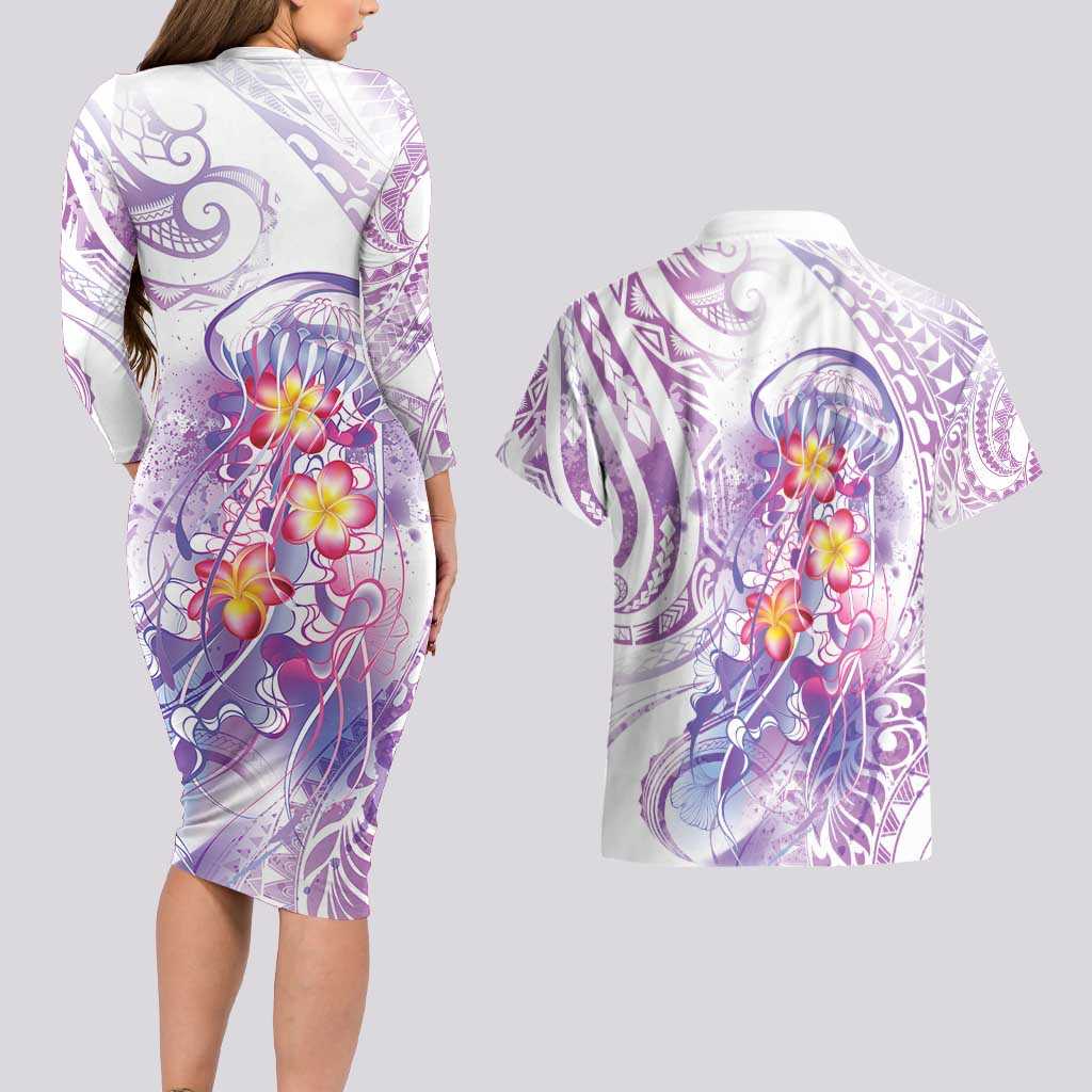 Lavender Polynesian Jellyfish Couples Matching Long Sleeve Bodycon Dress and Hawaiian Shirt Watercolor Glows - Polynesian Pride
