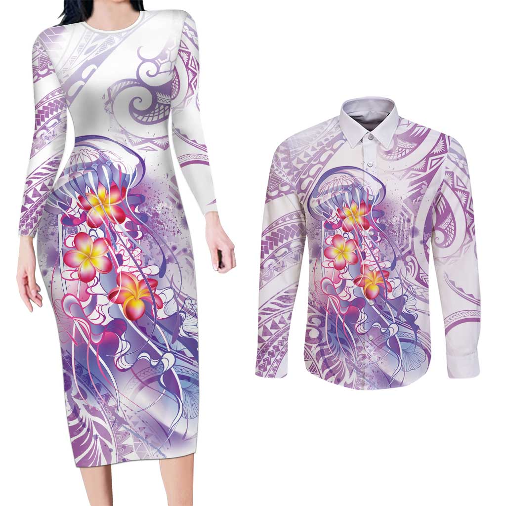 Lavender Polynesian Jellyfish Couples Matching Long Sleeve Bodycon Dress and Long Sleeve Button Shirt Watercolor Glows LT7 Lavender - Polynesian Pride