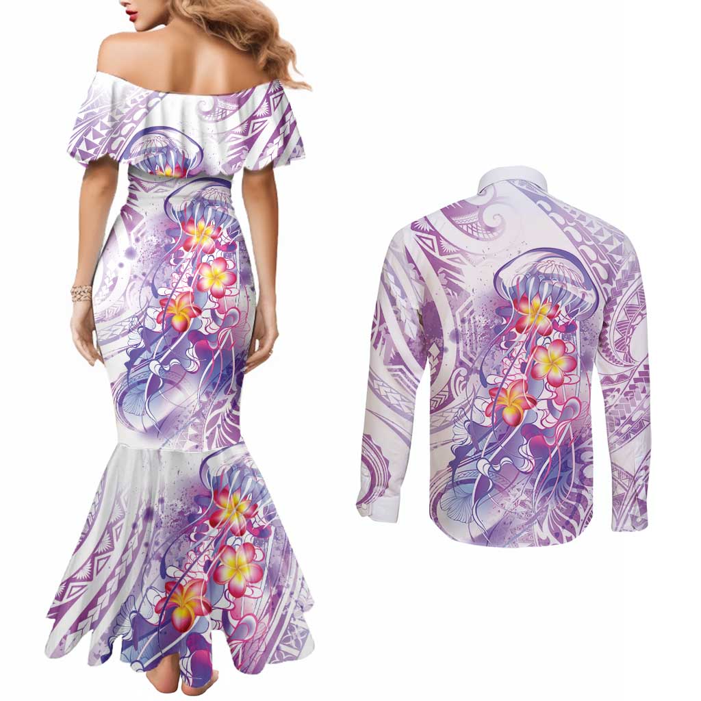 Lavender Polynesian Jellyfish Couples Matching Mermaid Dress and Long Sleeve Button Shirt Watercolor Glows LT7 - Polynesian Pride