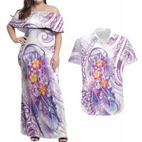 Lavender Polynesian Jellyfish Couples Matching Off Shoulder Maxi Dress and Hawaiian Shirt Watercolor Glows - Polynesian Pride