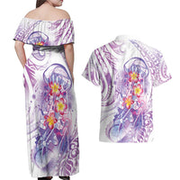 Lavender Polynesian Jellyfish Couples Matching Off Shoulder Maxi Dress and Hawaiian Shirt Watercolor Glows - Polynesian Pride