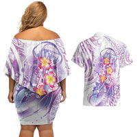 Lavender Polynesian Jellyfish Couples Matching Off Shoulder Short Dress and Hawaiian Shirt Watercolor Glows - Polynesian Pride