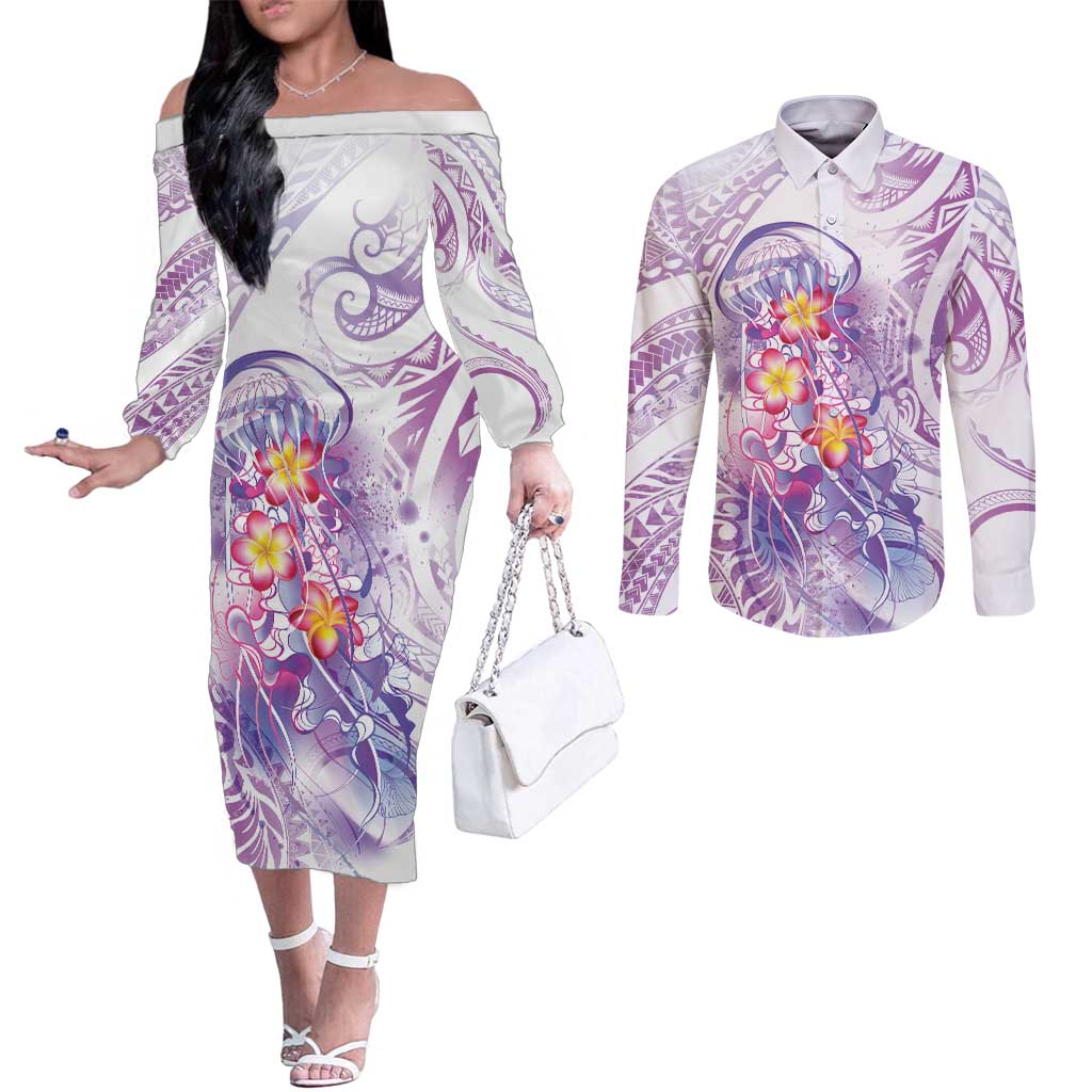 Lavender Polynesian Jellyfish Couples Matching Off The Shoulder Long Sleeve Dress and Long Sleeve Button Shirt Watercolor Glows LT7 Lavender - Polynesian Pride