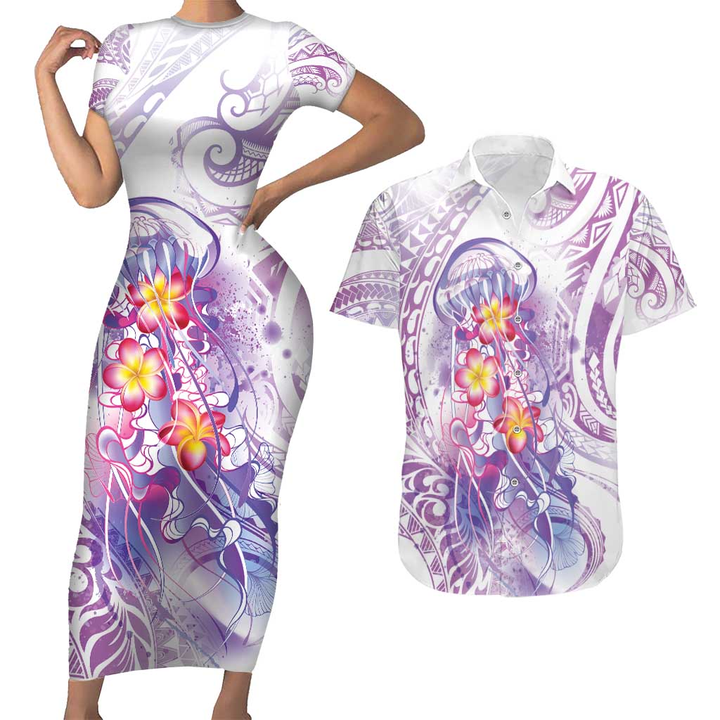 Lavender Polynesian Jellyfish Couples Matching Short Sleeve Bodycon Dress and Hawaiian Shirt Watercolor Glows - Polynesian Pride
