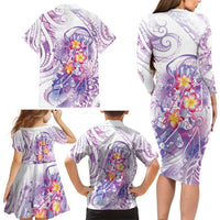 Lavender Polynesian Jellyfish Family Matching Long Sleeve Bodycon Dress and Hawaiian Shirt Watercolor Glows - Polynesian Pride