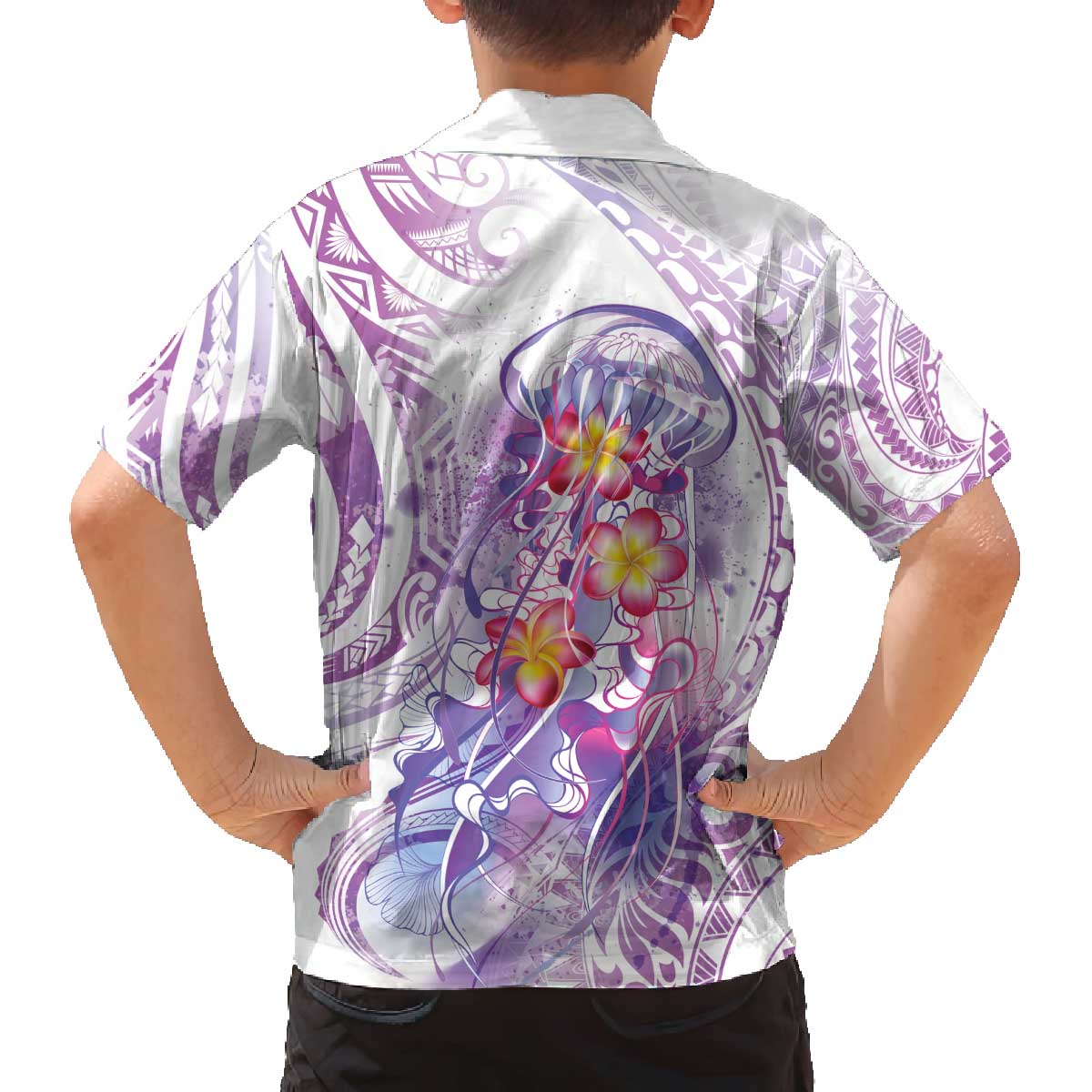 Lavender Polynesian Jellyfish Family Matching Off The Shoulder Long Sleeve Dress and Hawaiian Shirt Watercolor Glows - Polynesian Pride