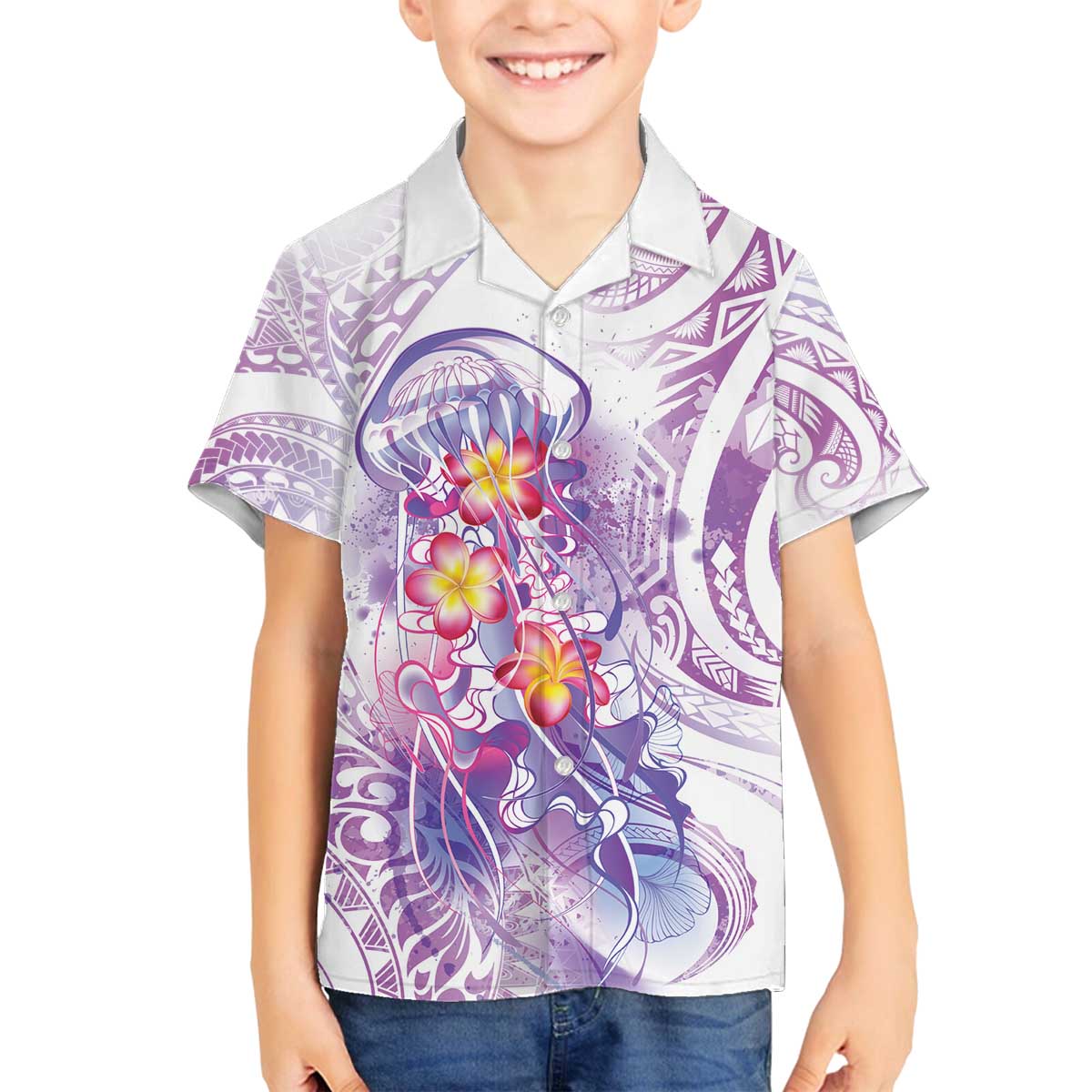 Lavender Polynesian Jellyfish Family Matching Off The Shoulder Long Sleeve Dress and Hawaiian Shirt Watercolor Glows - Polynesian Pride